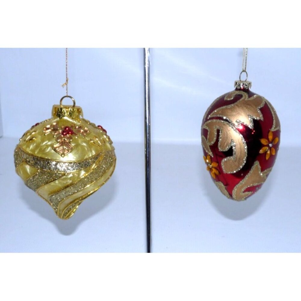 Two vintage handmade Glass Christmas ORNAMENTS red & gold 4" long